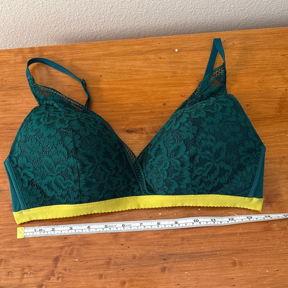 Fleur du mal XL Lace Wireless Bralette in Teal with Lime/Yellow Band
